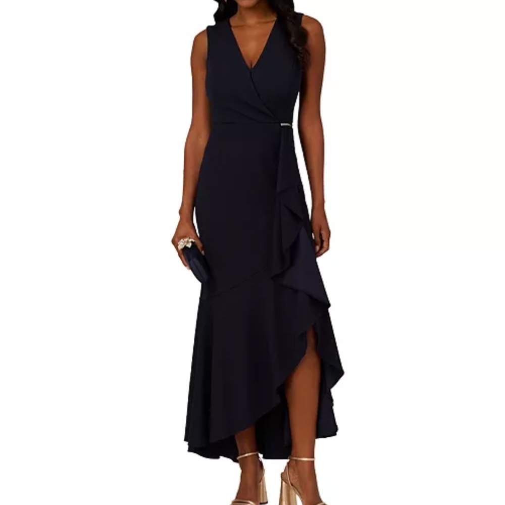 NWT ADRIANNA PAPELL Women's Navy Ruffled V-Neck High-Low Dress